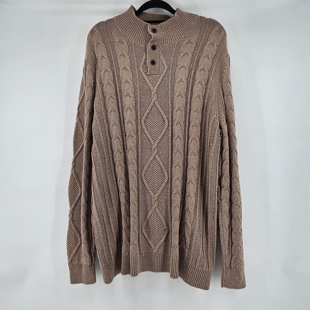 Vintage Lee Mens Tan Fisherman Cable Knit‎ Mock Neck Sweater XXL Cozy Grandpa